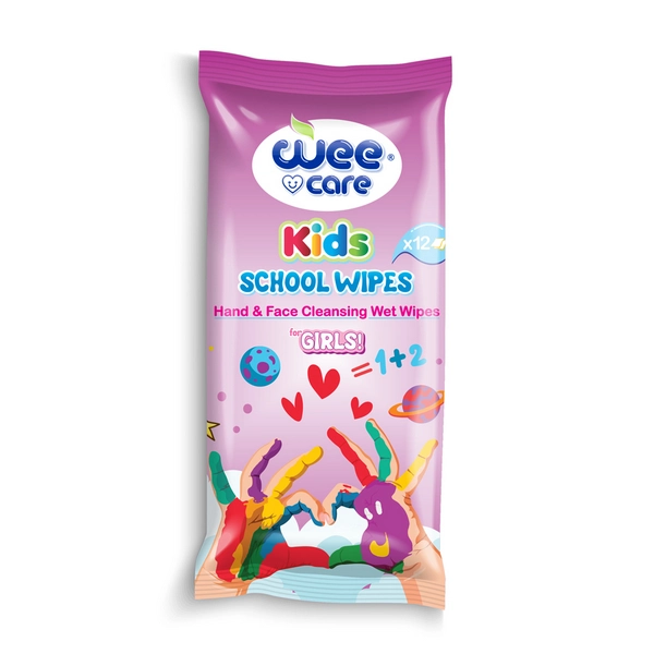 خرید دستمال مرطوب و پاک کننده دست و صورت کودک مدرسه وی کر مدل دخترانه kids (بنفش) - 12 برگی جیبی