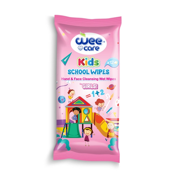 خرید دستمال مرطوب و پاک کننده دست و صورت کودک مدرسه وی کر مدل دخترانه kids (صورتی) - 12 برگی جیبی