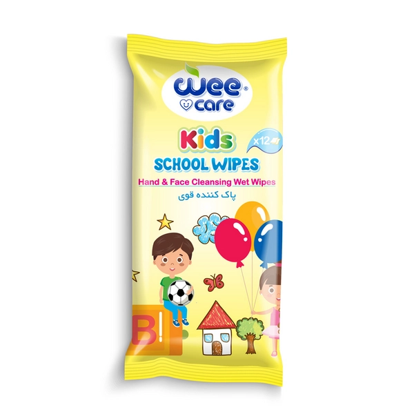 خرید دستمال مرطوب و پاک کننده دست و صورت کودک مدرسه وی کر مدل پاک کننده قوی kids (زرد) - 12 برگی جیبی