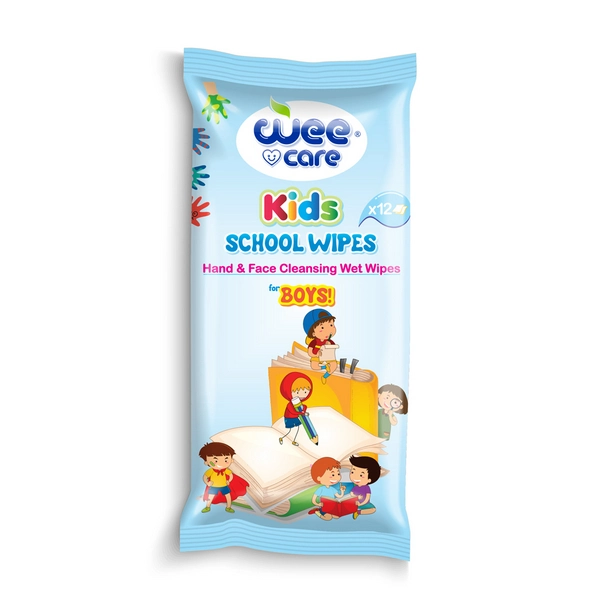 خرید دستمال مرطوب و پاک کننده دست و صورت کودک مدرسه وی کر مدل پسرانه kids (آبی) - 12 برگی جیبی