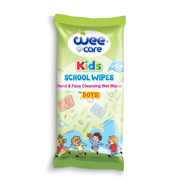 خرید دستمال مرطوب و پاک کننده دست و صورت کودک مدرسه وی کر مدل پسرانه kids (سبز) - 12 برگی جیبی