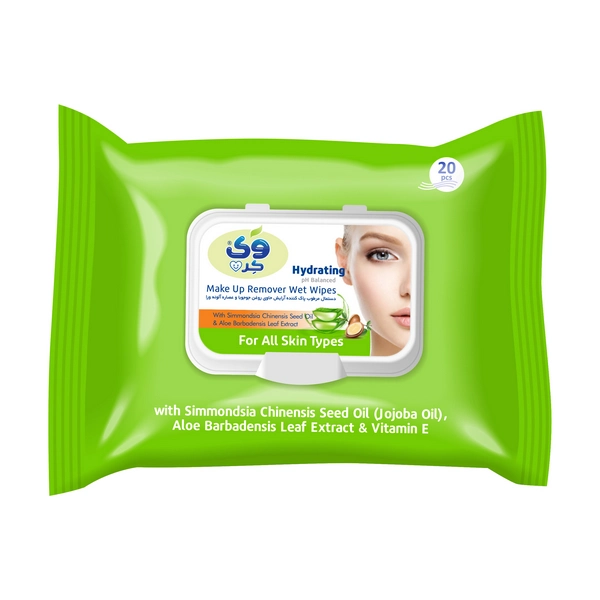 خرید دستمال مرطوب پاک کننده آرایش وی کر حاوی عصاره جوجوبا و آلوئه ورا - 20برگی