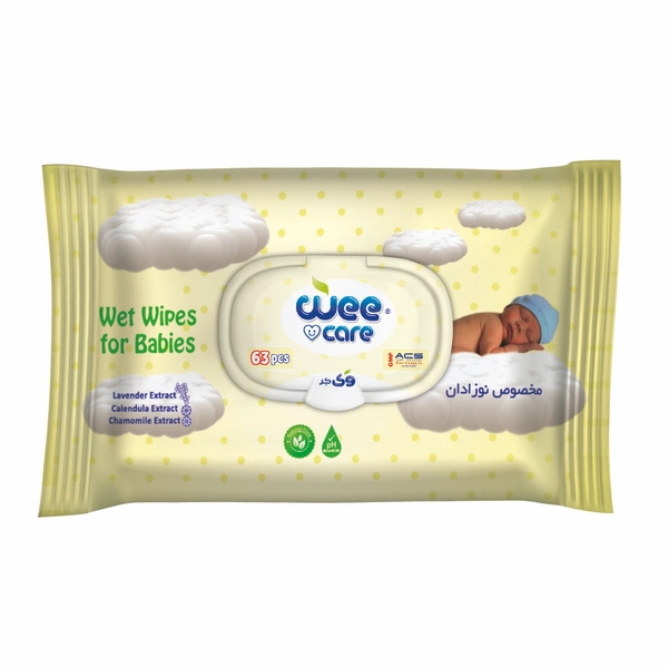 خرید دستمال مرطوب کودک وی کر مخصوص New Born تازه متولدین - 63 برگی پاکتی