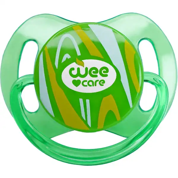 خرید پستانک ارتودنسی وی کر مدل بادامی شفاف دسته دار Comfort سایز +3ماه - (Wee Care-P145)